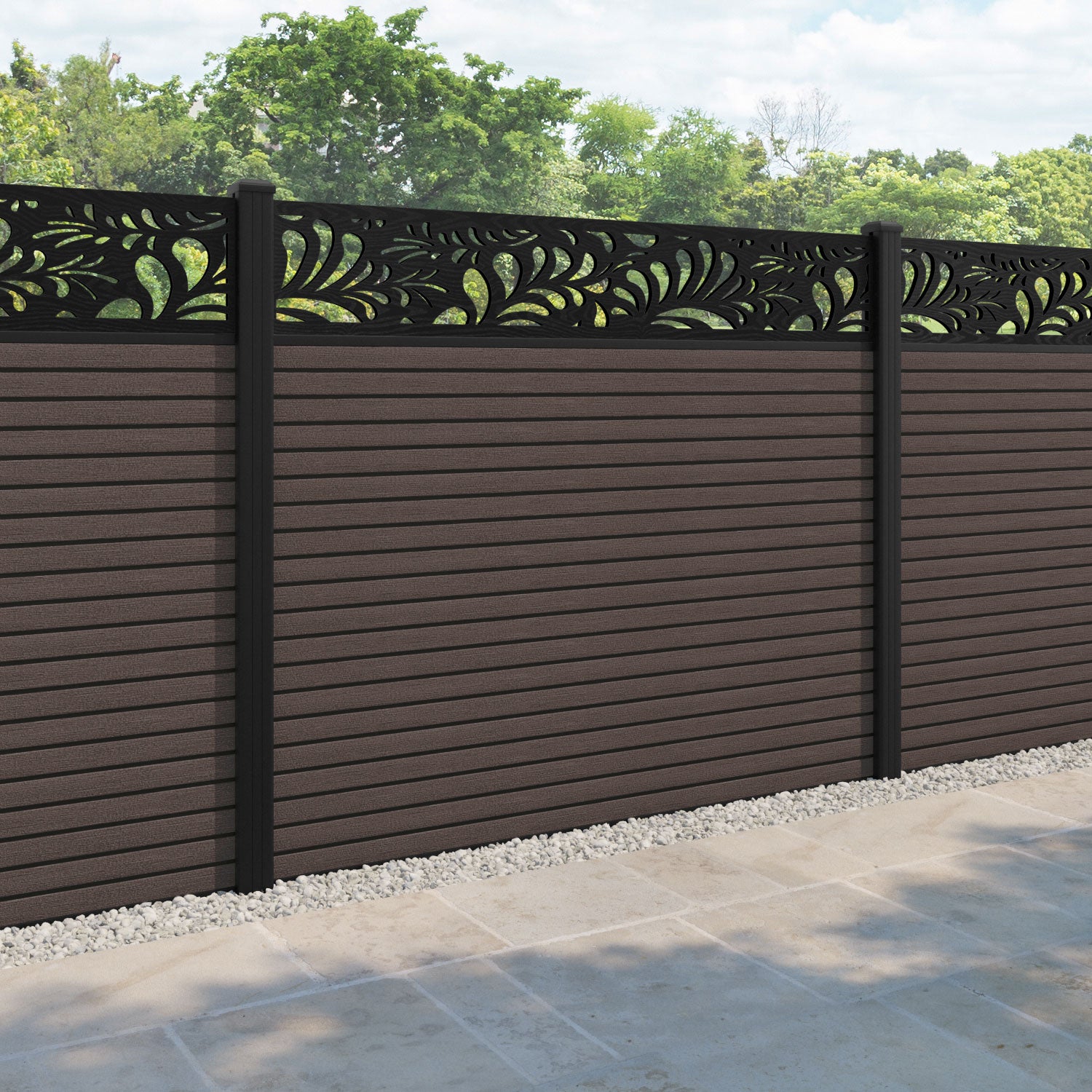 Hudson Petal Fence Panel - Mid Brown - with our aluminium posts