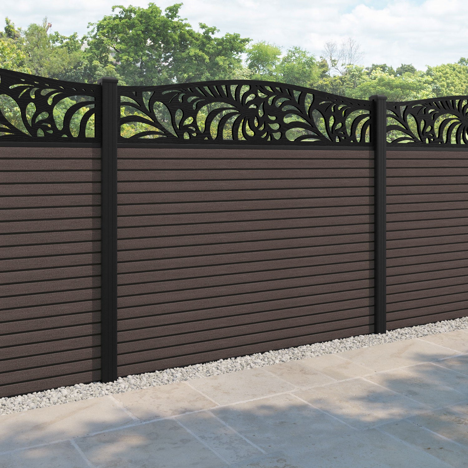 Hudson Petal Curved Top Fence Panel - Mid Brown - with our aluminium posts