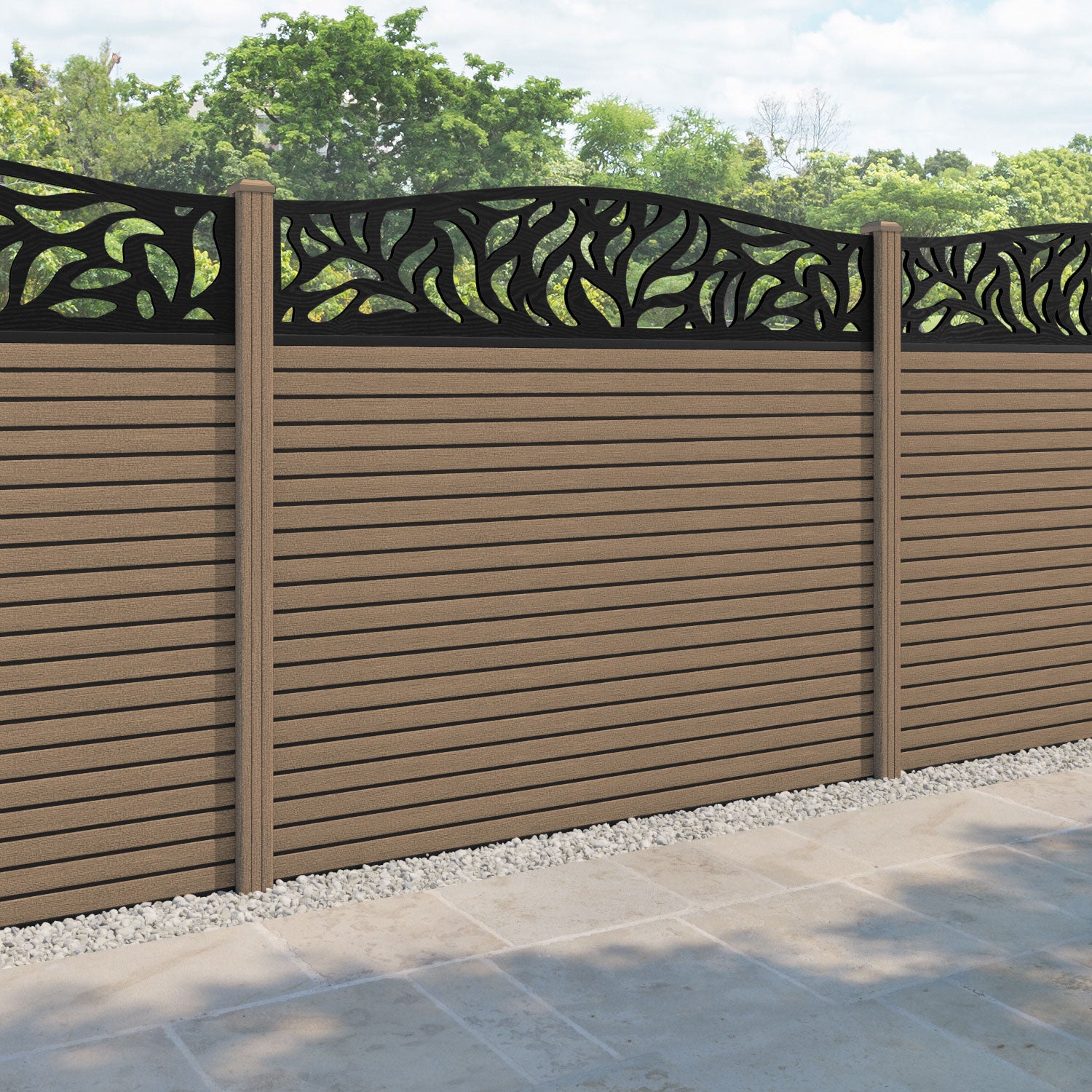 Hudson Plume Curved Top Fence Panel - Teak - with our composite posts