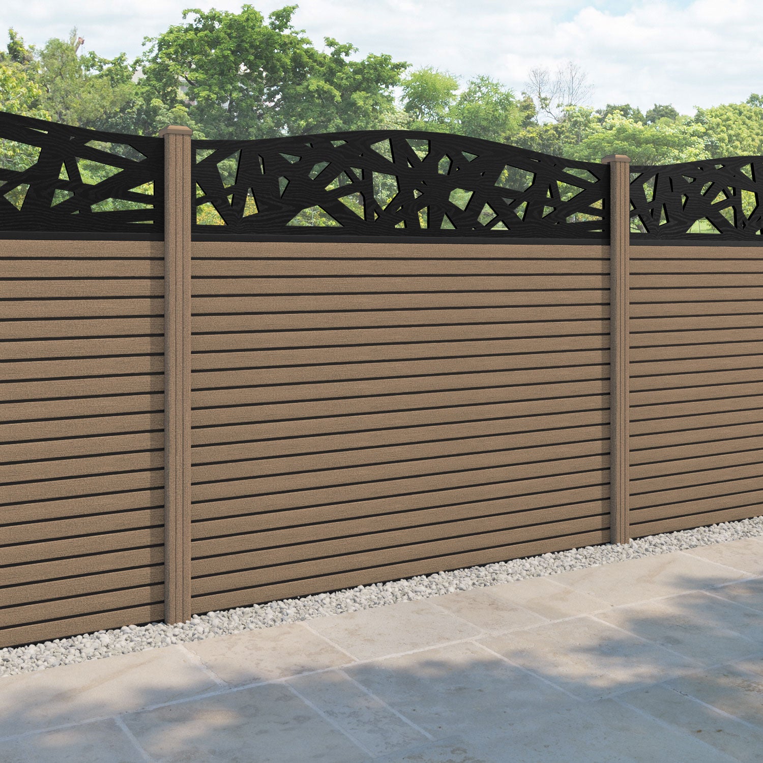 Hudson Prism Curved Top Fence Panel - Teak - with our composite posts