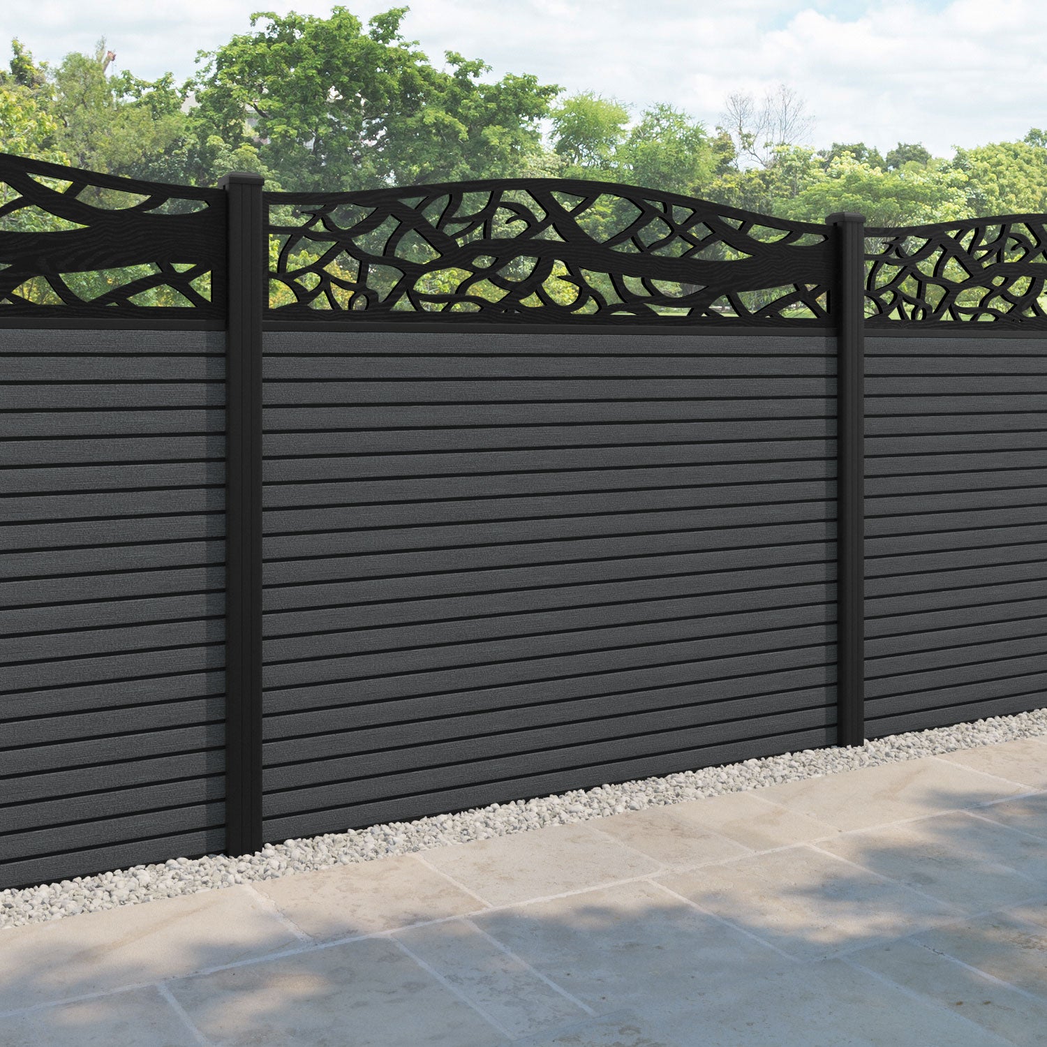 Hudson Twilight Curved Top Fence Panel - Dark Grey - with our aluminium posts