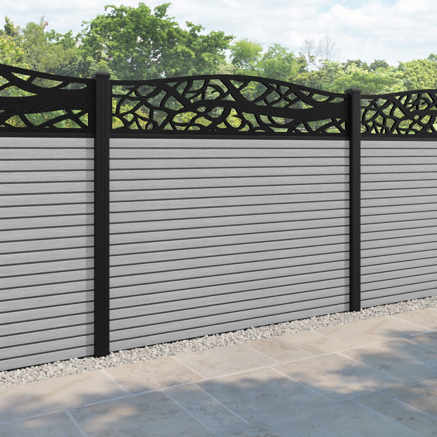 Hudson Twilight Curved Top Fence Panel - Light Grey - with our aluminium posts