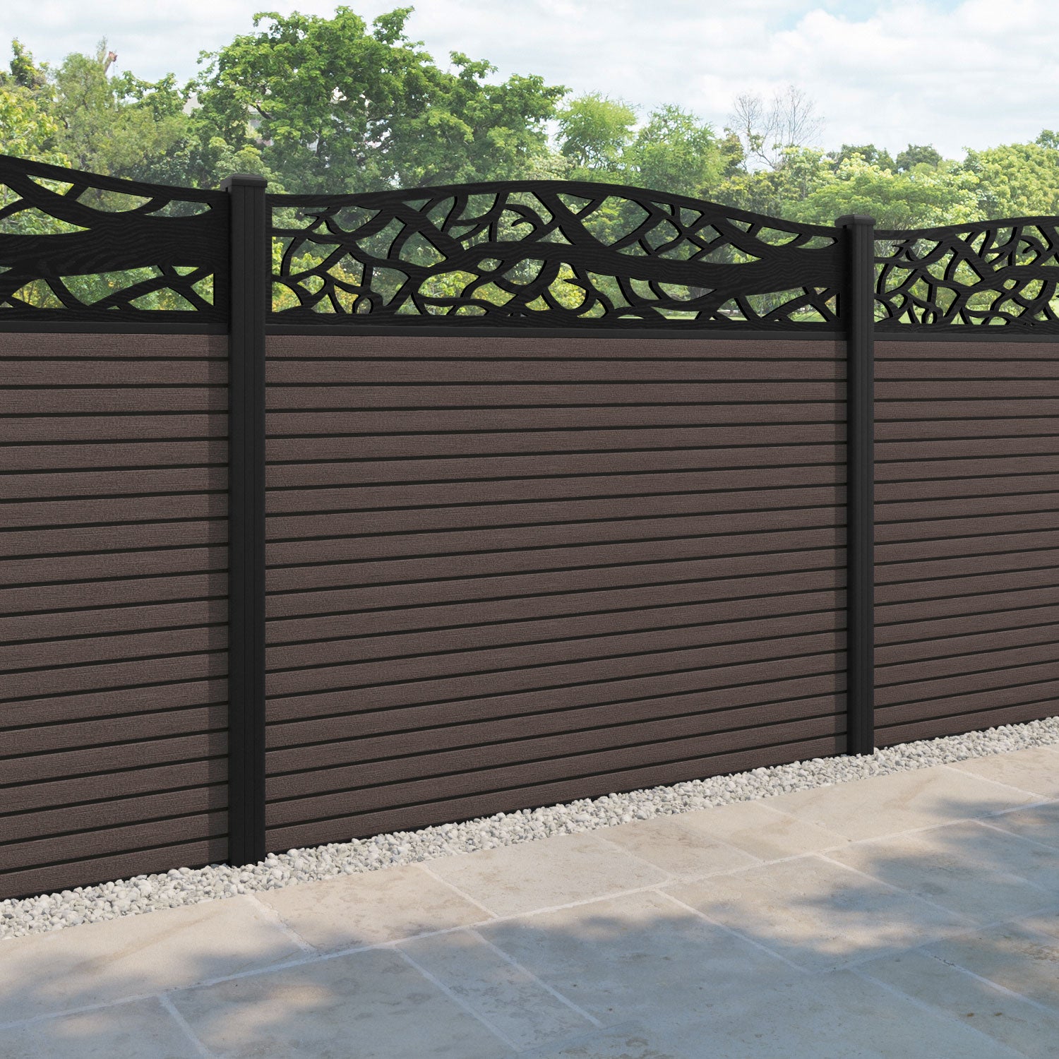 Hudson Twilight Curved Top Fence Panel - Mid Brown - with our aluminium posts