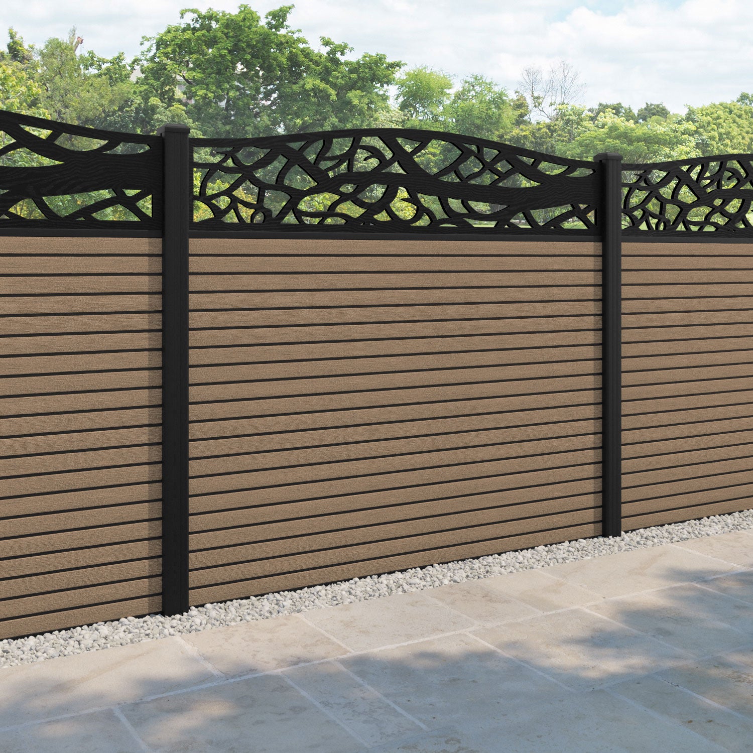 Hudson Twilight Curved Top Fence Panel - Teak - with our aluminium posts