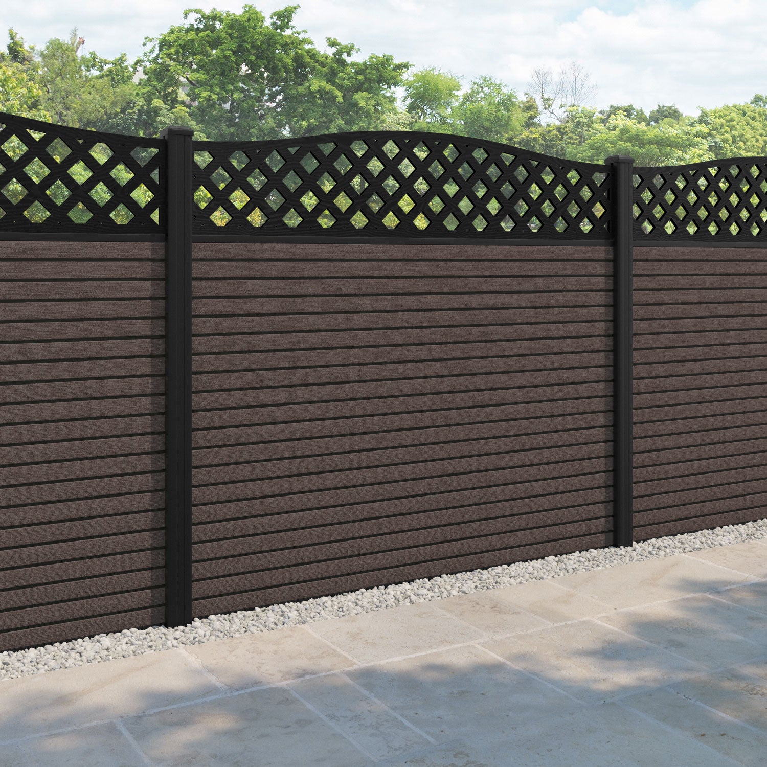 Hudson High Wave Fence Panel - Mid Brown - with our aluminium posts