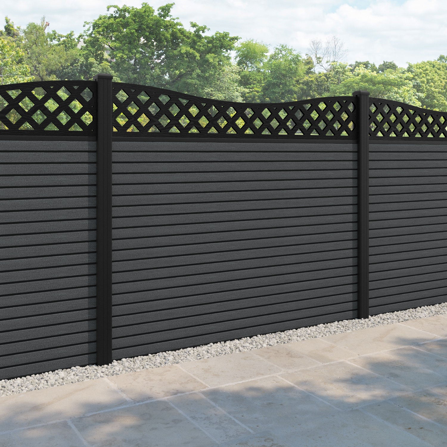 Hudson Low Wave Fence Panel - Dark Grey - with our aluminium posts