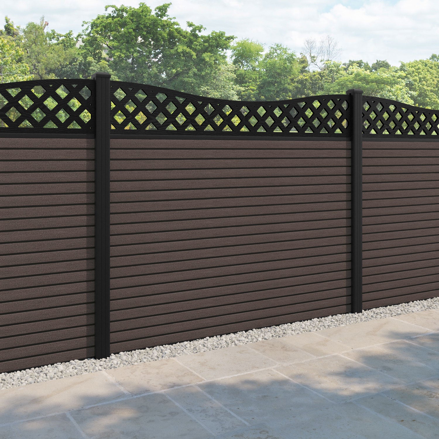 Hudson Low Wave Fence Panel - Mid Brown - with our aluminium posts