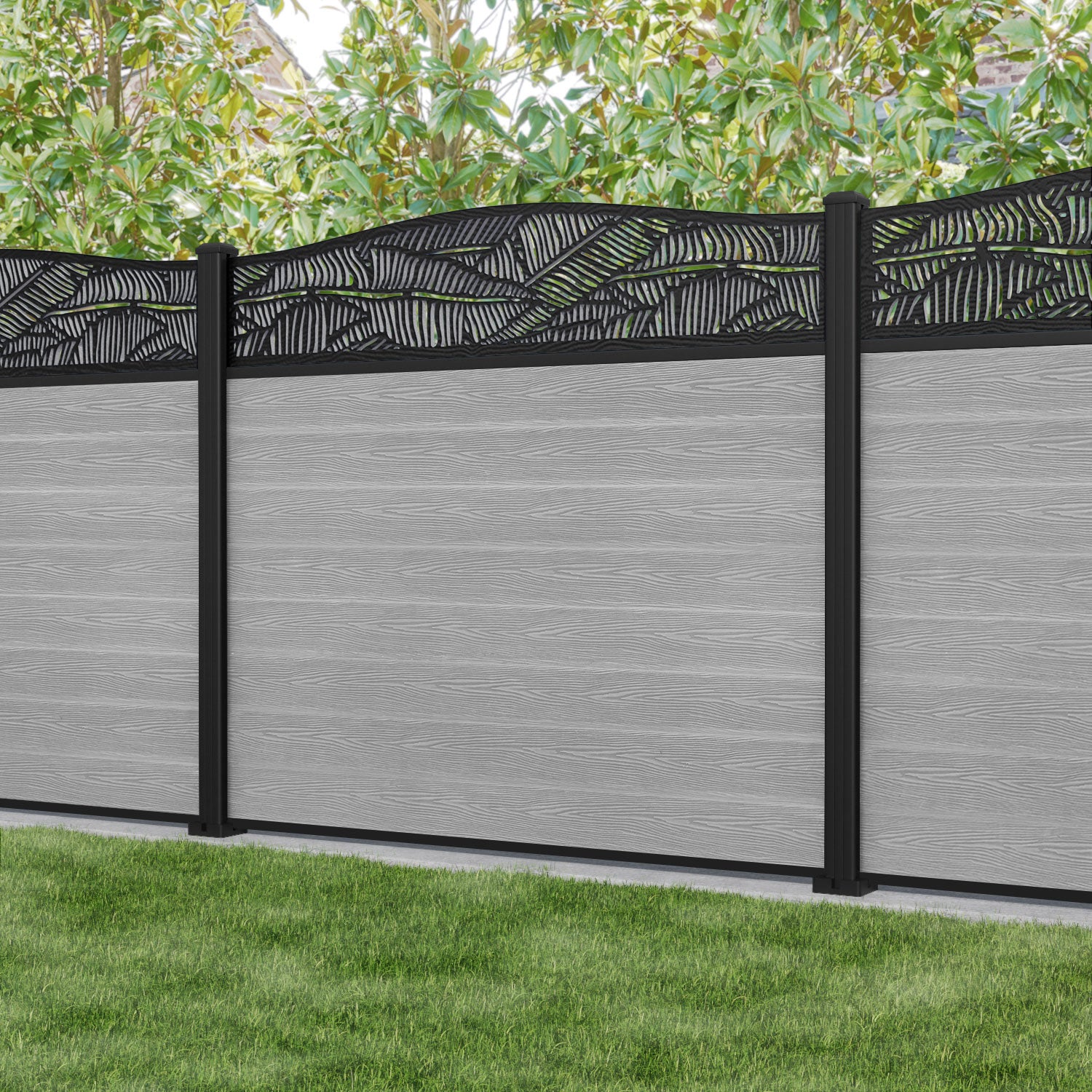 Classic Feather Curved Top Fence Panel - Light Grey - with our aluminium posts