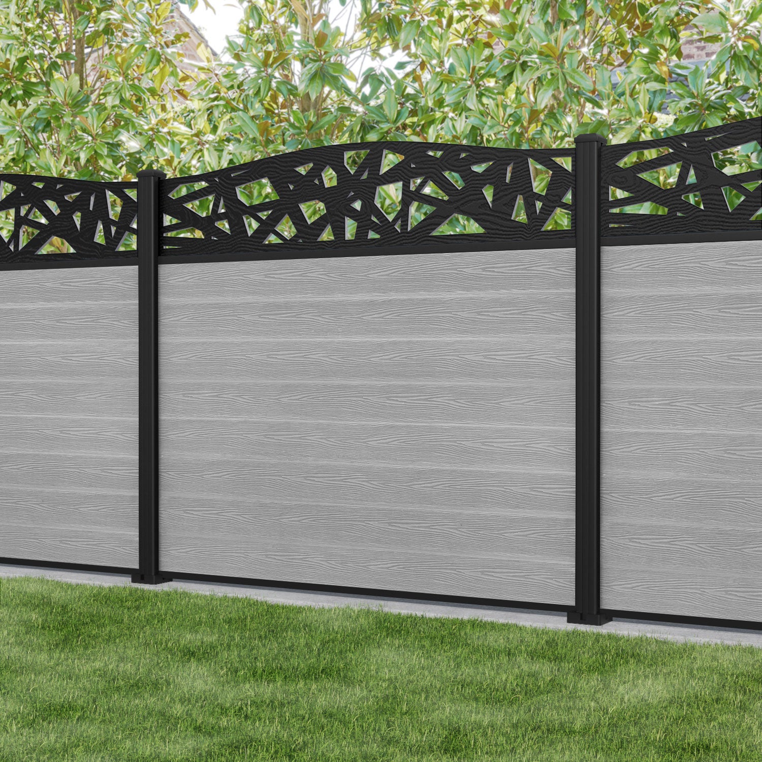 Classic Prism Curved Top Fence Panel - Light Grey - with our aluminium posts