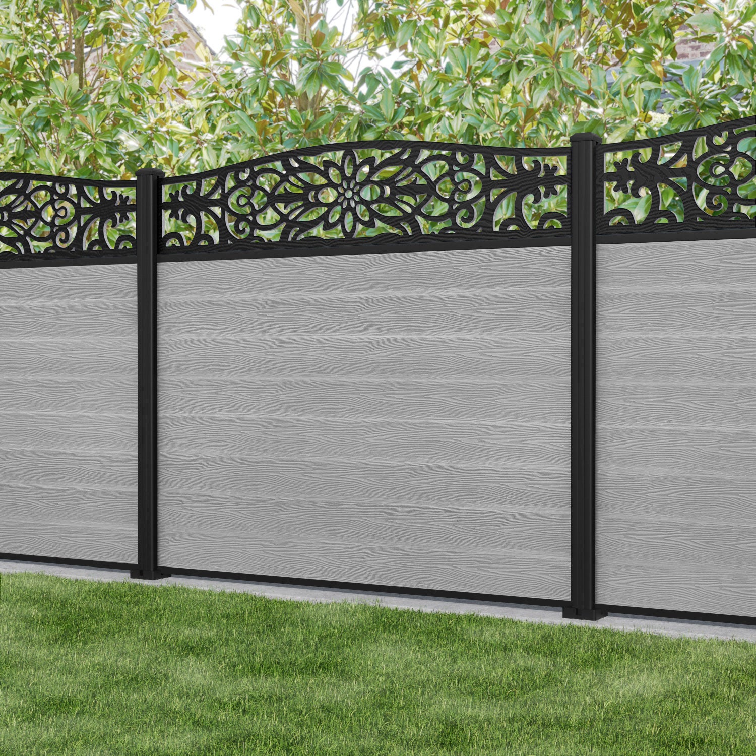 Classic Windsor Curved Top Fence Panel - Light Grey - with our aluminium posts