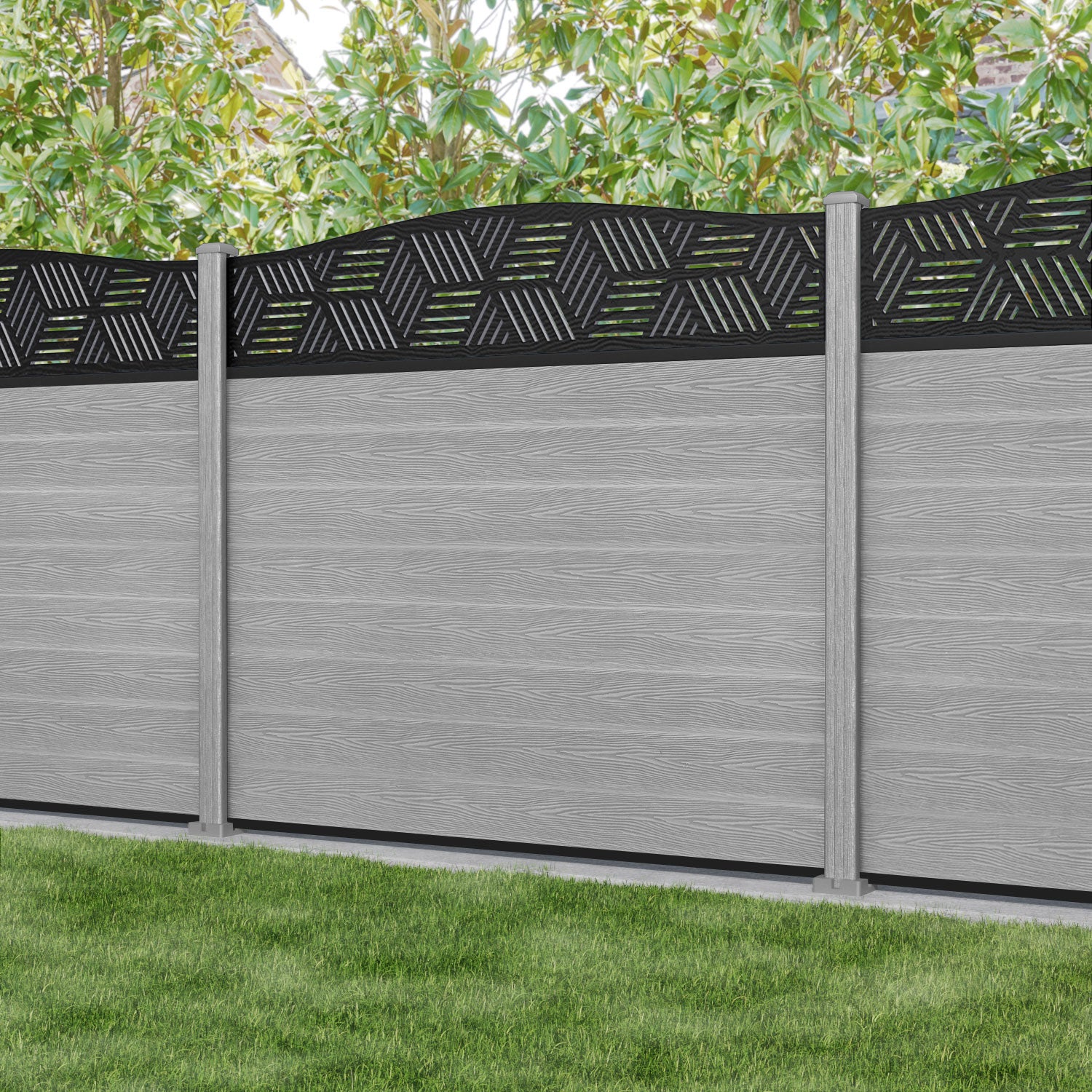 Classic Cubed Curved Top Fence Panel - Light Grey - with our composite posts