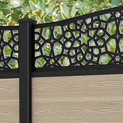 Classic Nazira Curved Top Fence Panel - Light Oak - with our aluminium posts
