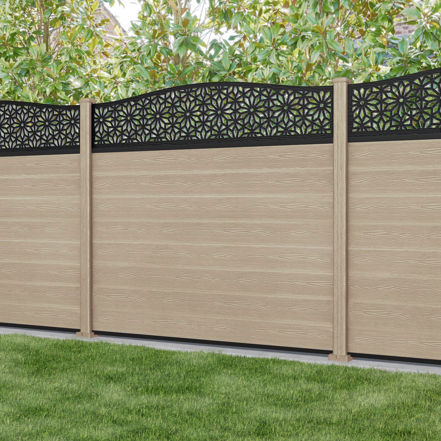 Classic Narwa Curved Top Fence Panel - Light Oak - with our composite posts