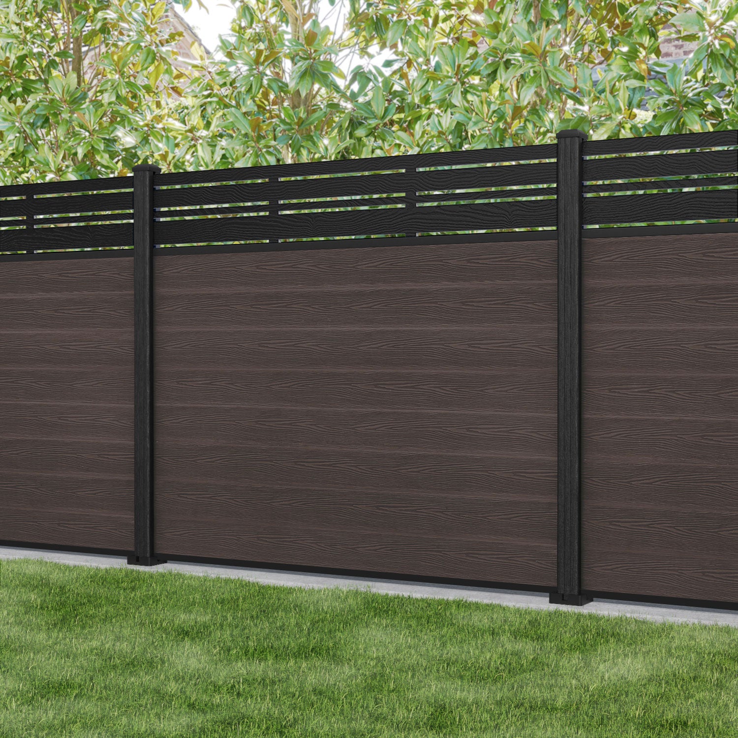 Classic Linea Fence Panel - Mid Brown - with our composite posts