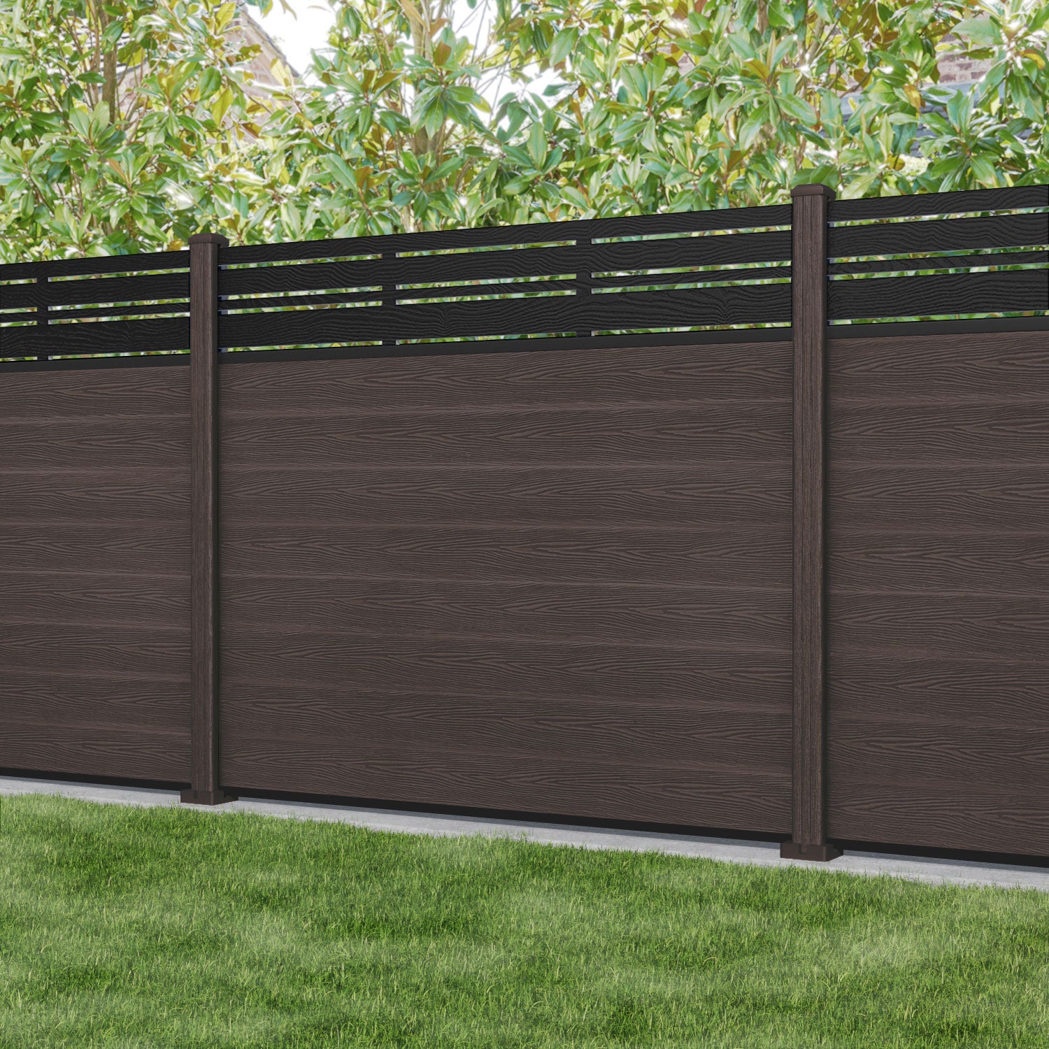 Classic Linea Fence Panel - Mid Brown - with our composite posts