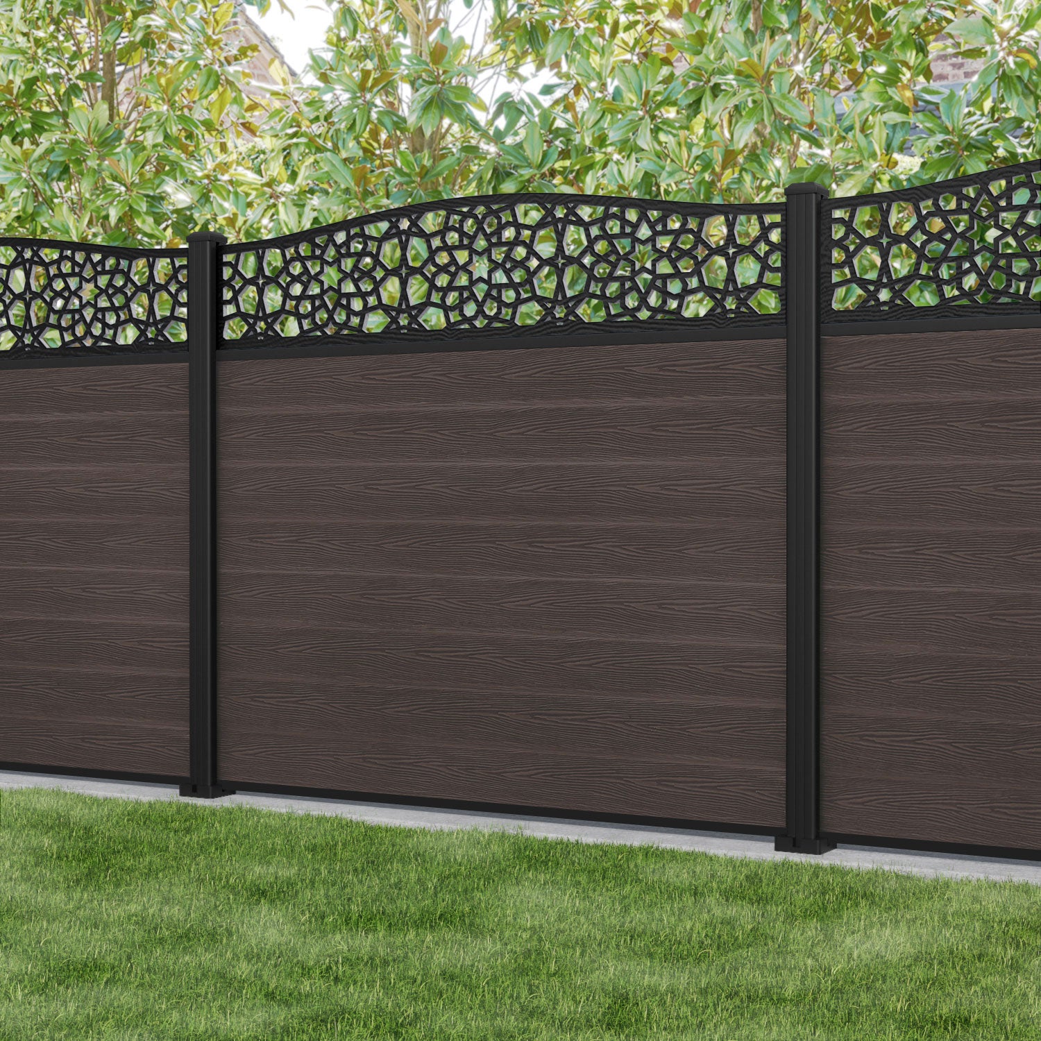 Classic Nazira Curved Top Fence Panel - Mid Brown - with our aluminium posts