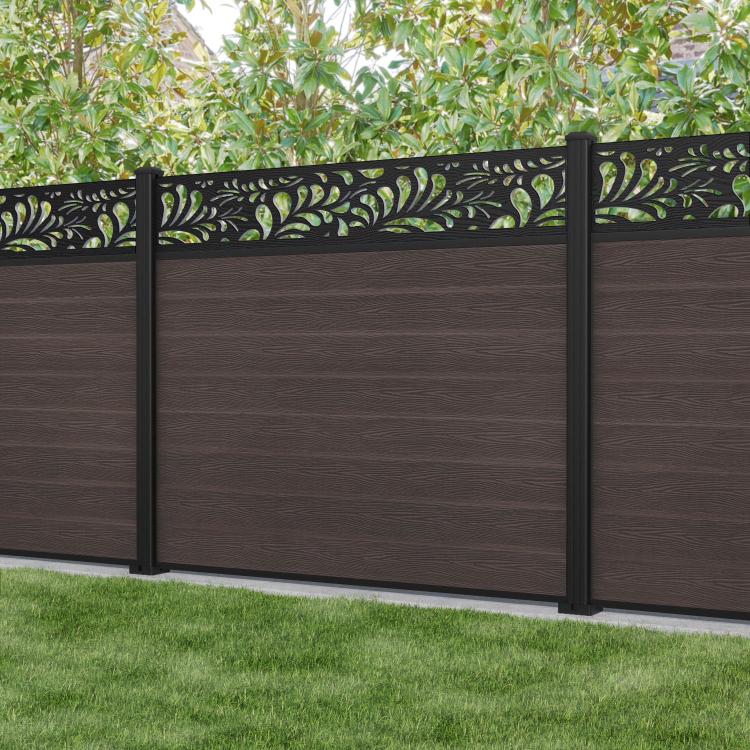 Classic Petal Fence Panel - Mid Brown - with our aluminium posts