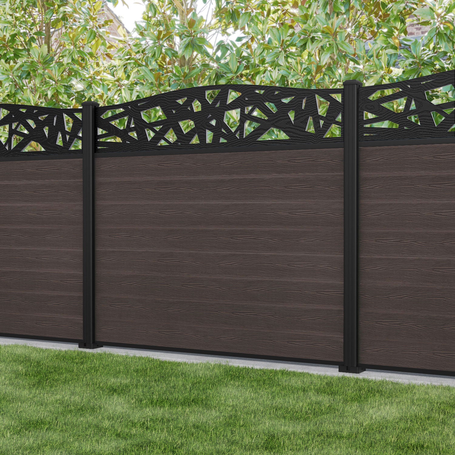 Classic Prism Curved Top Fence Panel - Mid Brown - with our aluminium posts