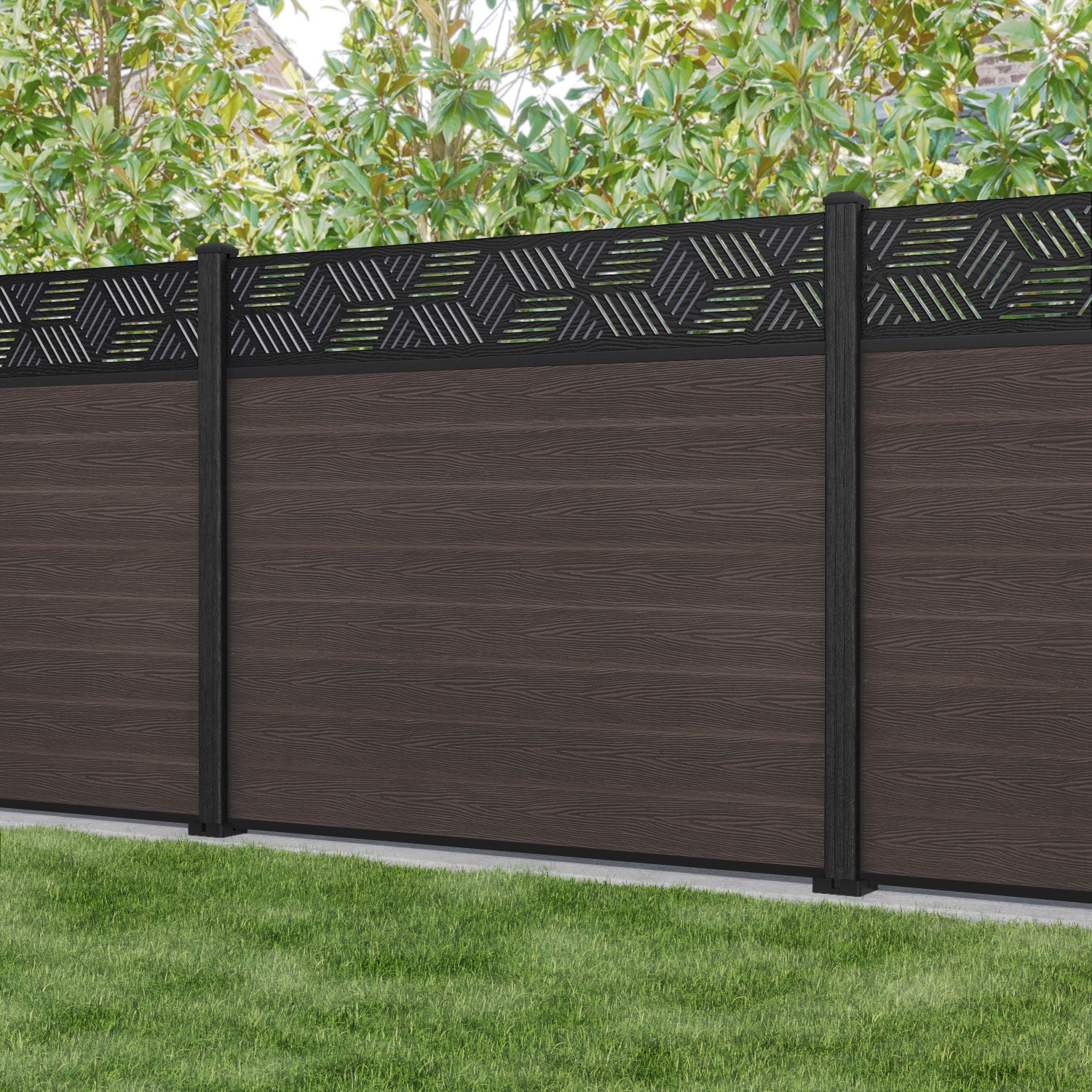 Classic Cubed Fence Panel - Mid Brown - with our composite posts