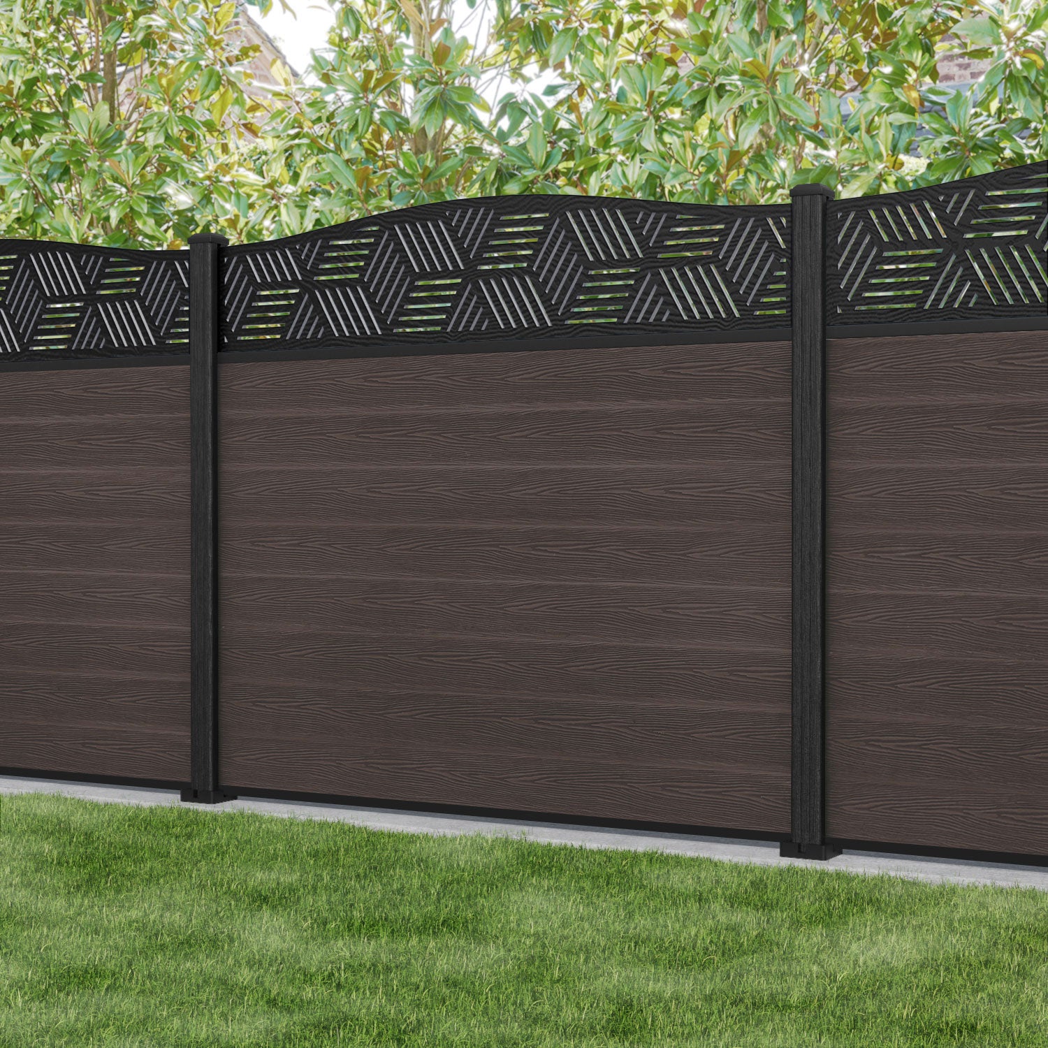 Classic Cubed Curved Top Fence Panel - Mid Brown - with our composite posts