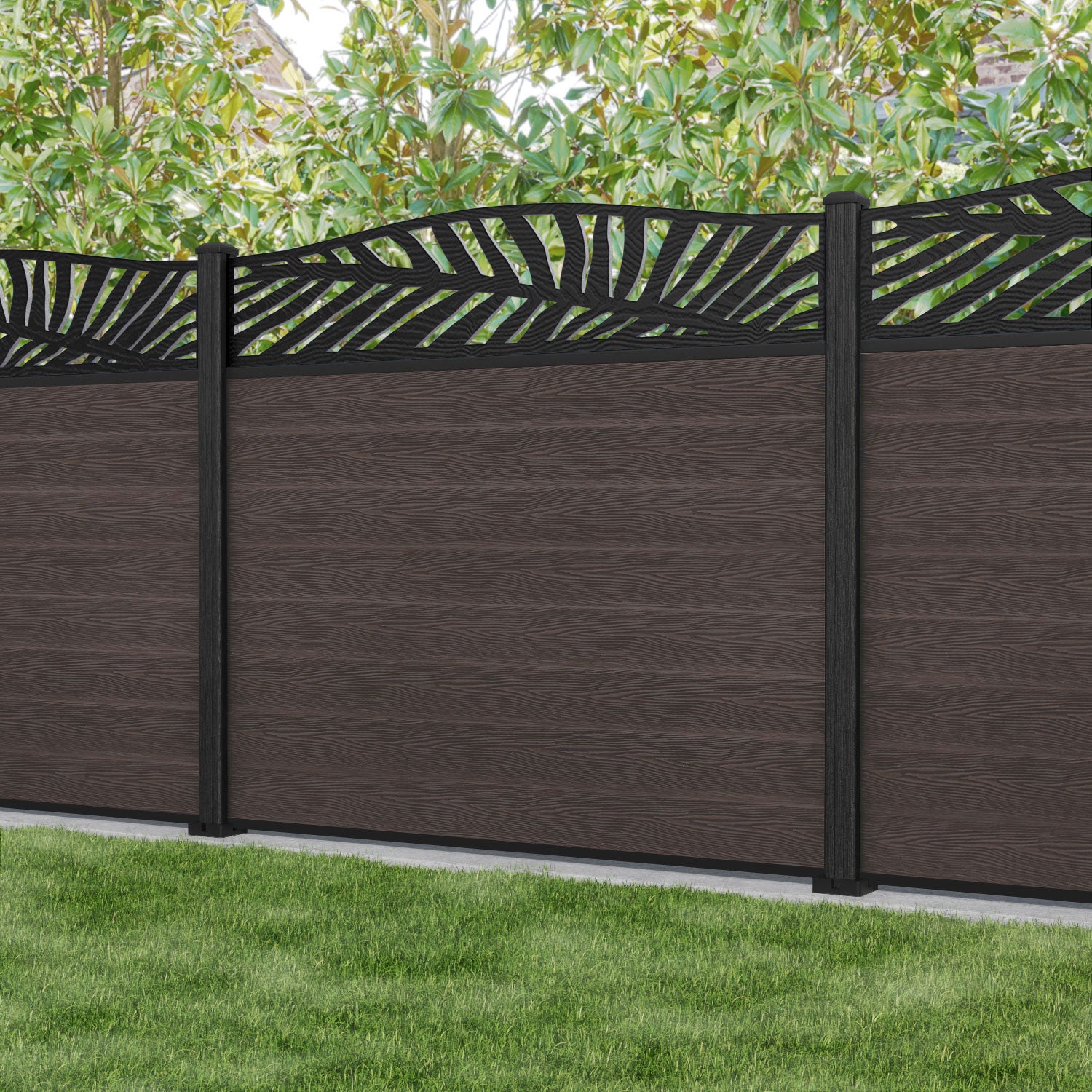 Classic Palm Curved Top Fence Panel - Mid Brown - with our composite posts