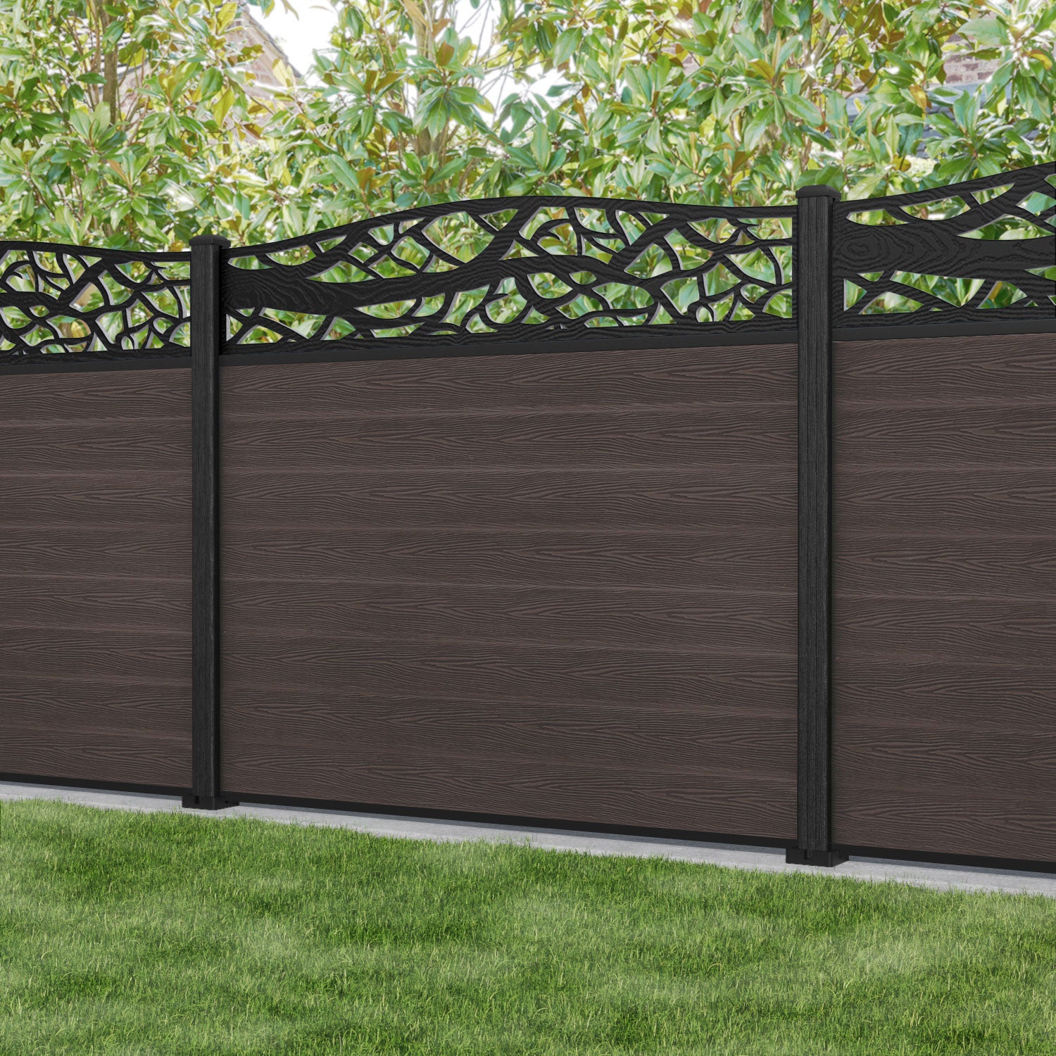 Classic Twilight Curved Top Fence Panel - Mid Brown - with our composite posts
