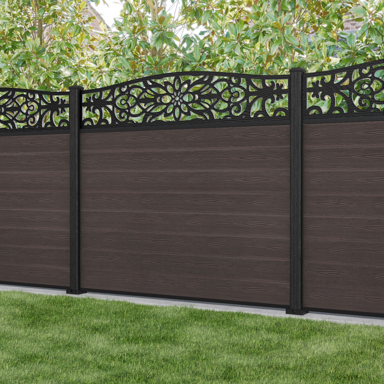 Classic Windsor Curved Top Fence Panel - Mid Brown - with our composite posts