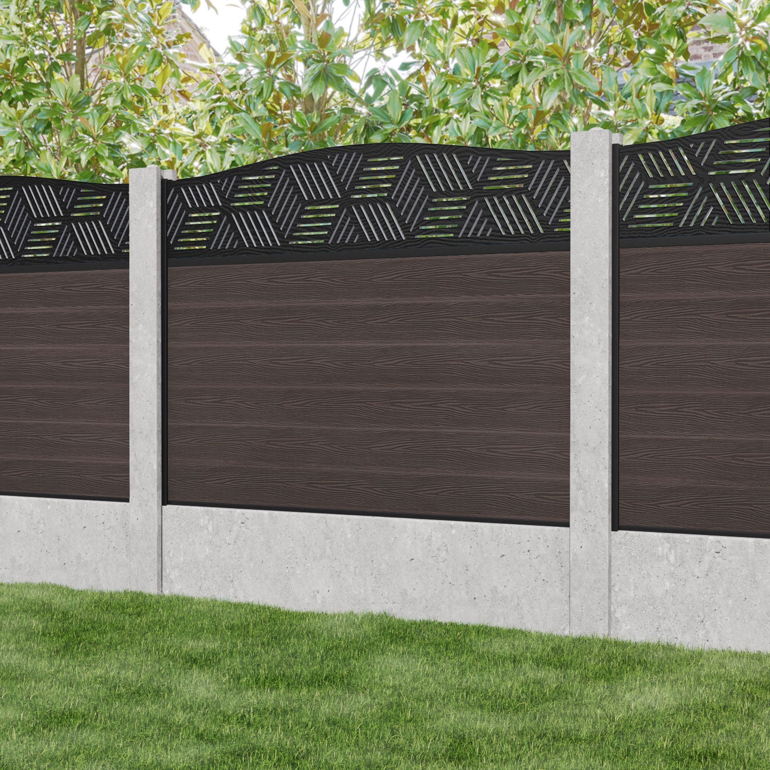 Classic Cubed Curved Top Fence Panel - Mid Brown - for existing concrete posts