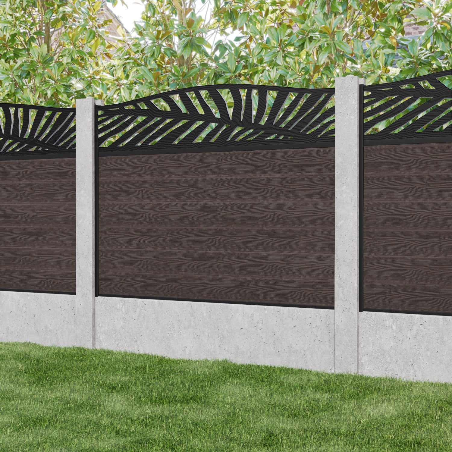Classic Palm Curved Top Fence Panel - Mid Brown - for existing concrete posts