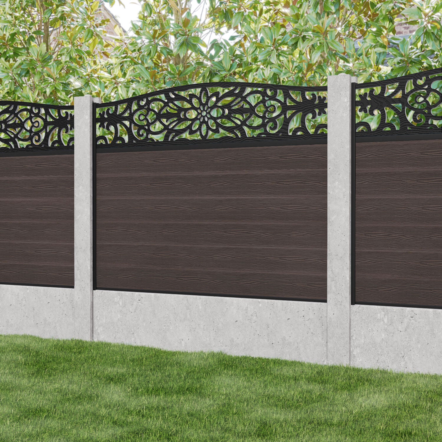 Classic Windsor Curved Top Fence Panel - Mid Brown - for existing concrete posts