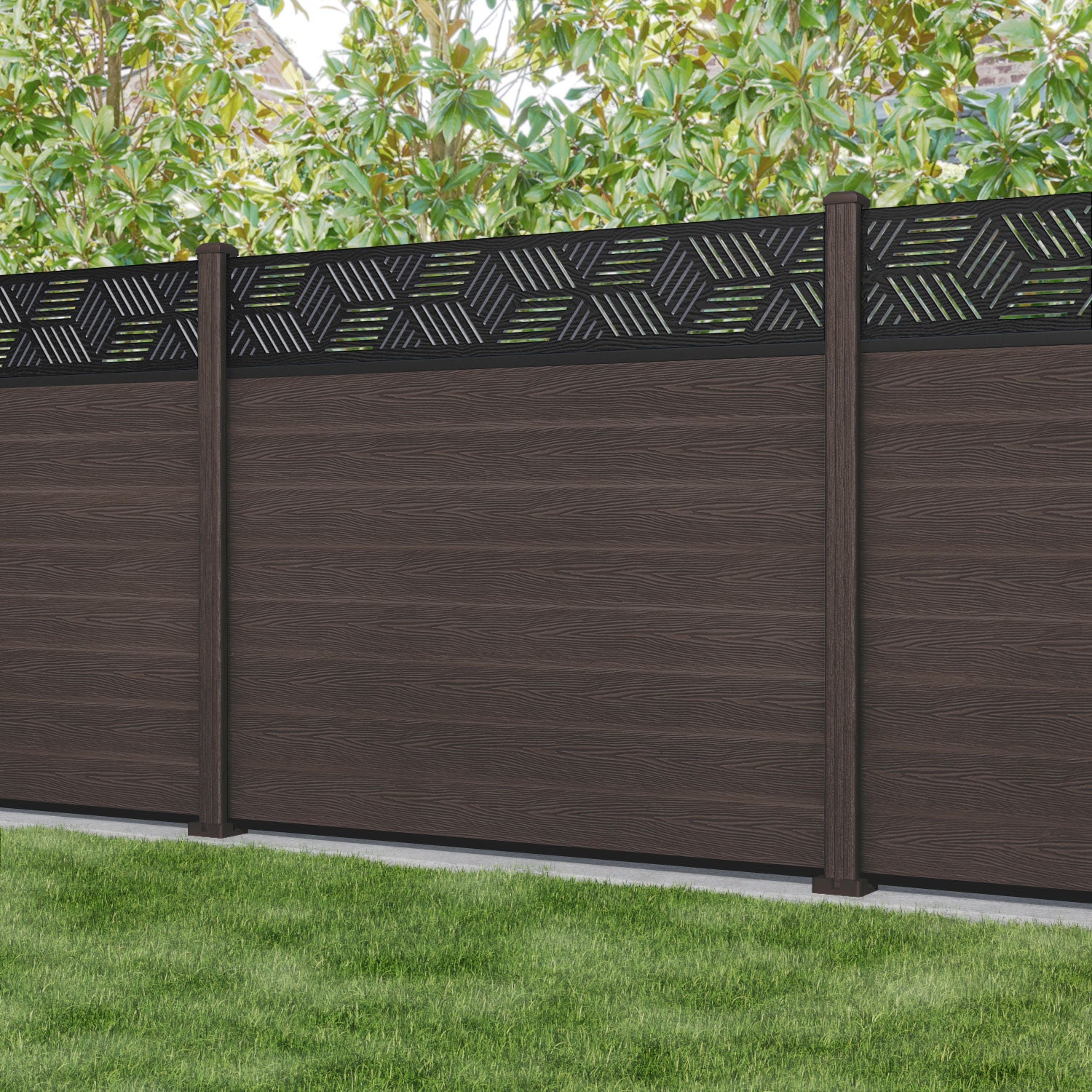 Classic Cubed Fence Panel - Mid Brown - with our composite posts