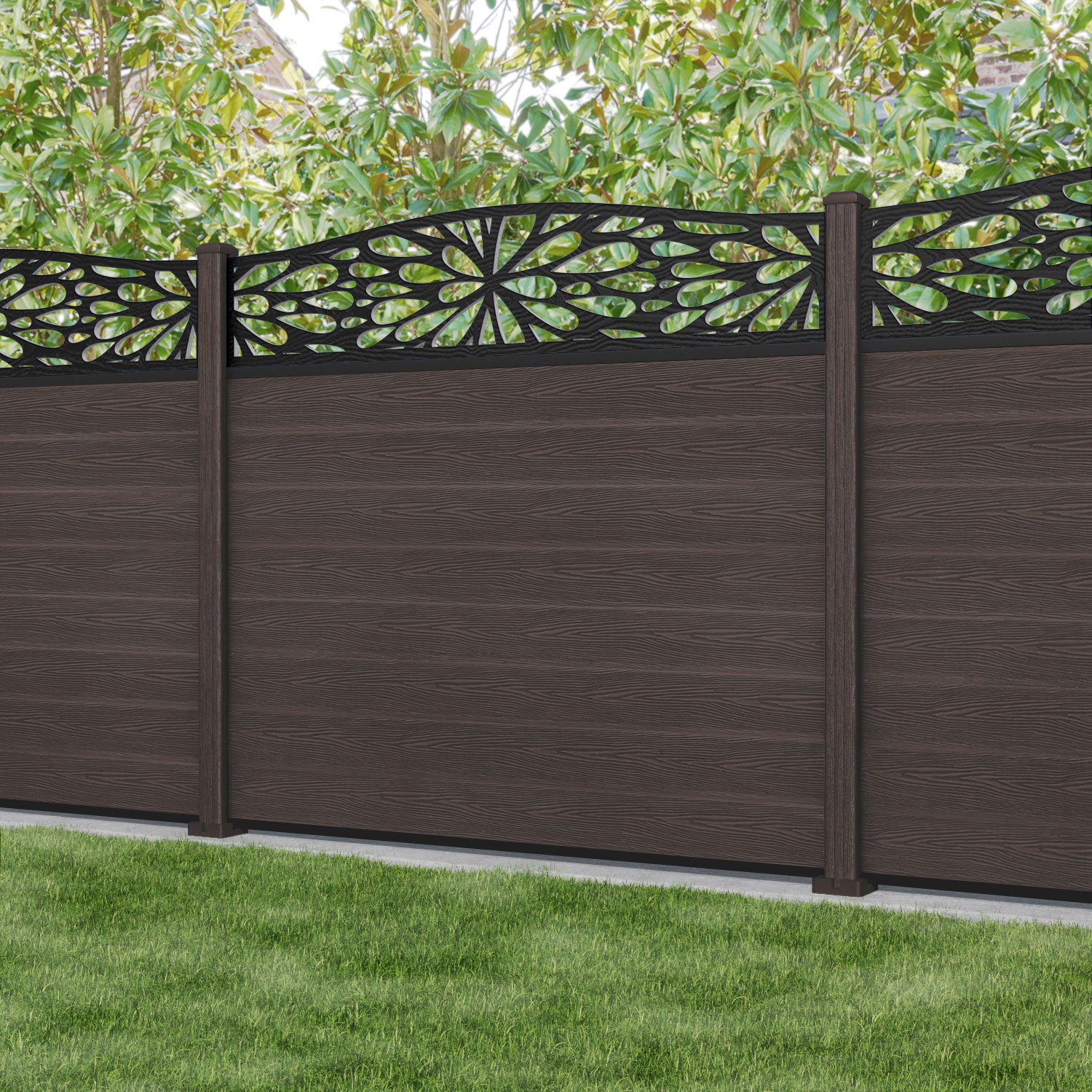 Classic Blossom Curved Top Fence Panel - Mid Brown - with our composite posts