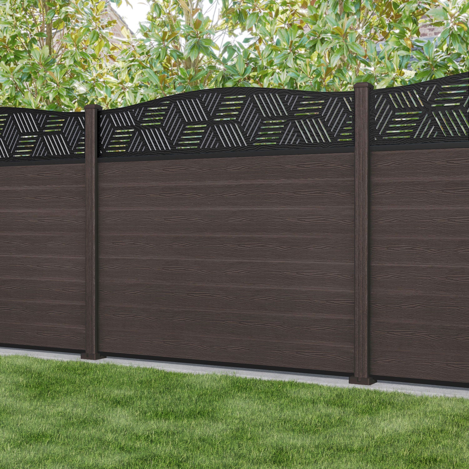 Classic Cubed Curved Top Fence Panel - Mid Brown - with our composite posts