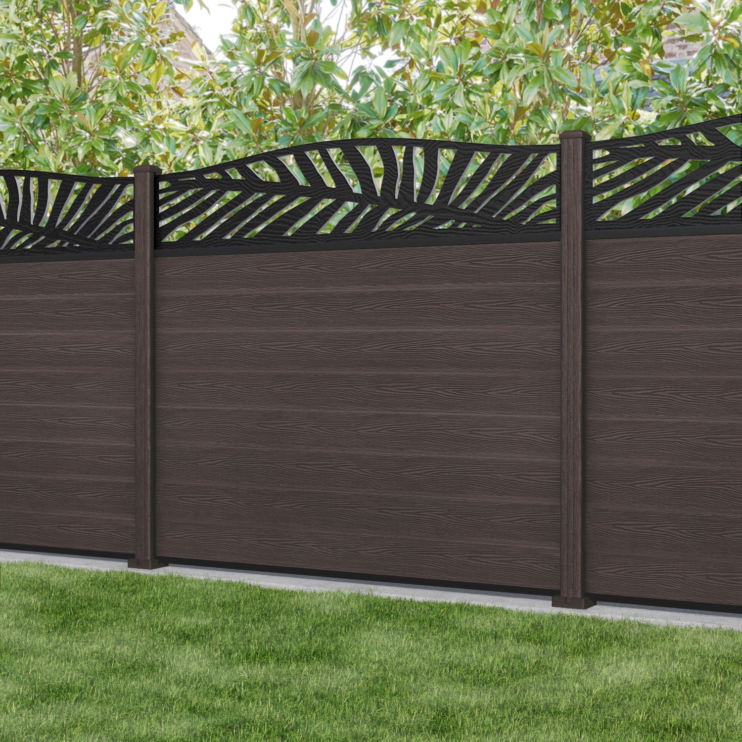 Classic Palm Curved Top Fence Panel - Mid Brown - with our composite posts