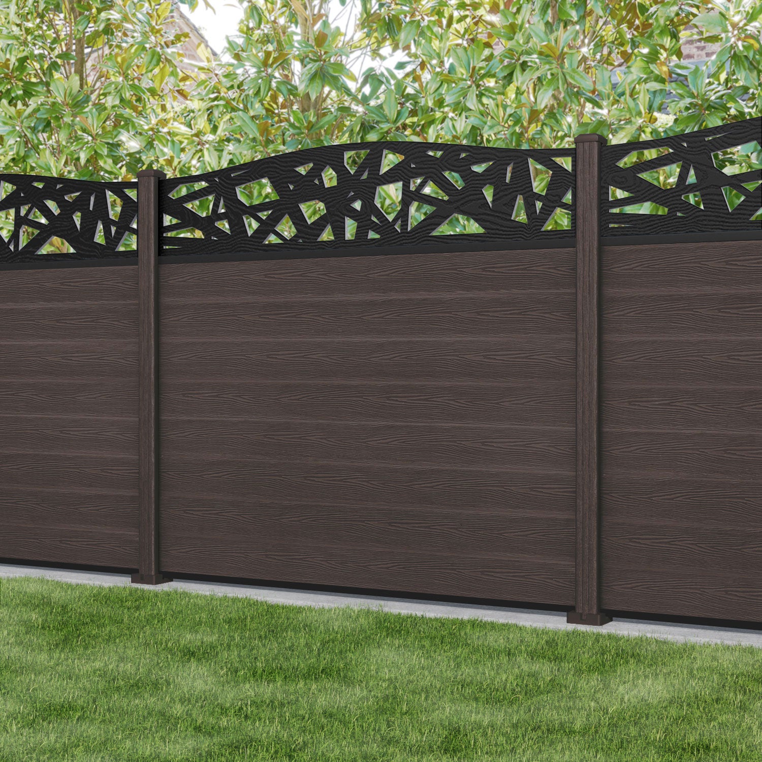 Classic Prism Curved Top Fence Panel - Mid Brown - with our composite posts