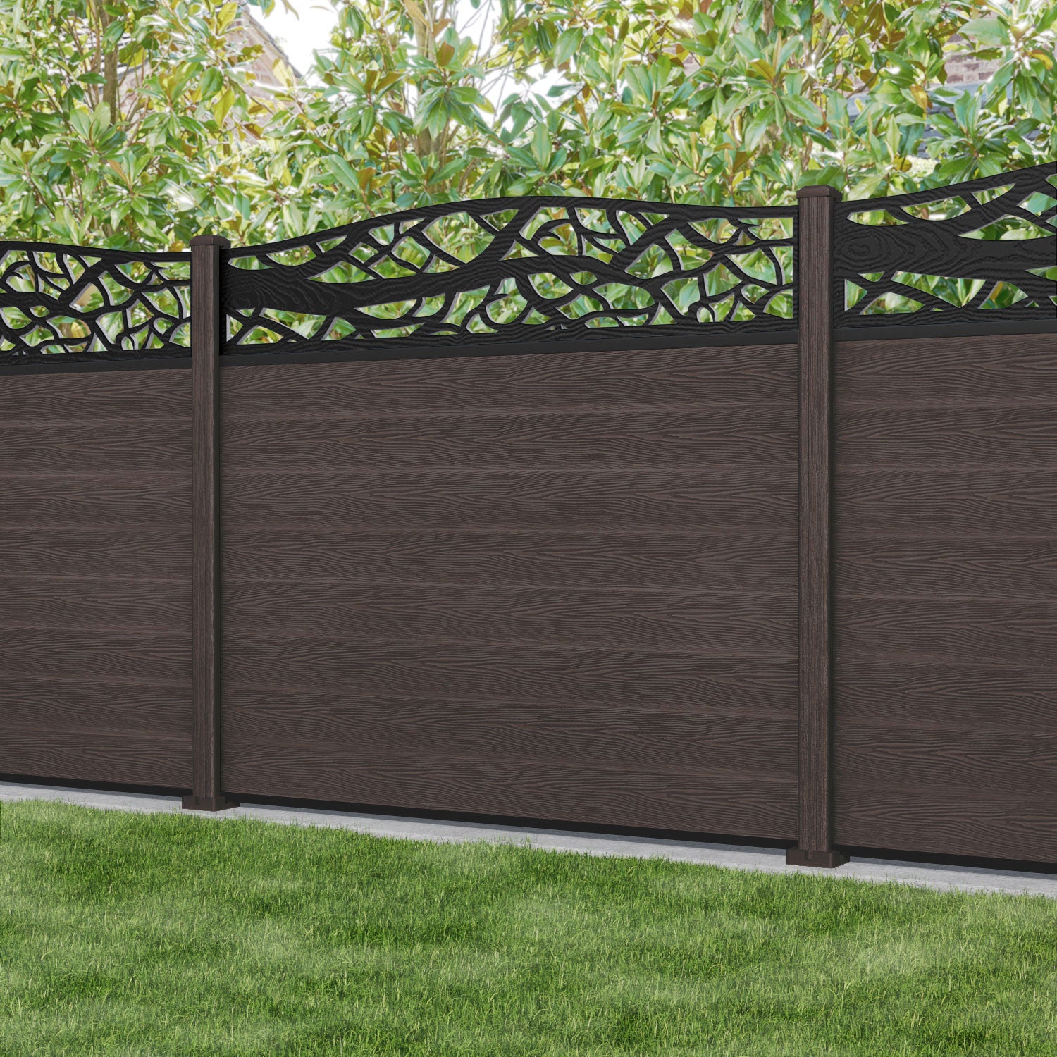 Classic Twilight Curved Top Fence Panel - Mid Brown - with our composite posts