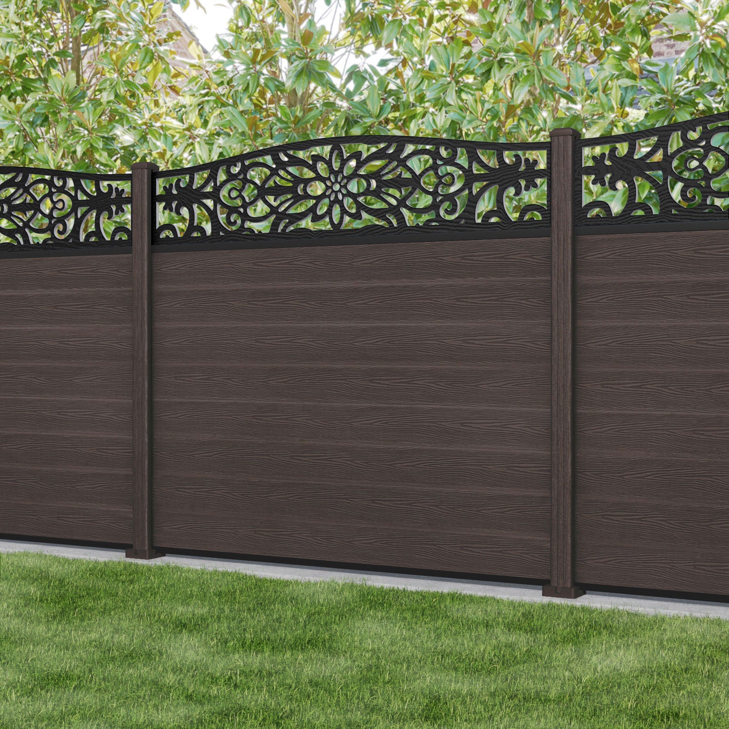 Classic Windsor Curved Top Fence Panel - Mid Brown - with our composite posts