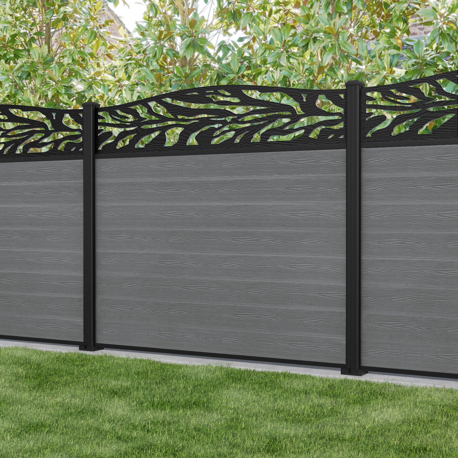 Classic Malawi Curved Top Fence Panel - Mid Grey - with our aluminium posts