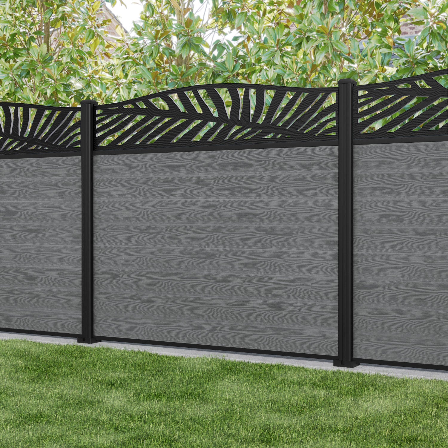 Classic Palm Curved Top Fence Panel - Mid Grey - with our aluminium posts