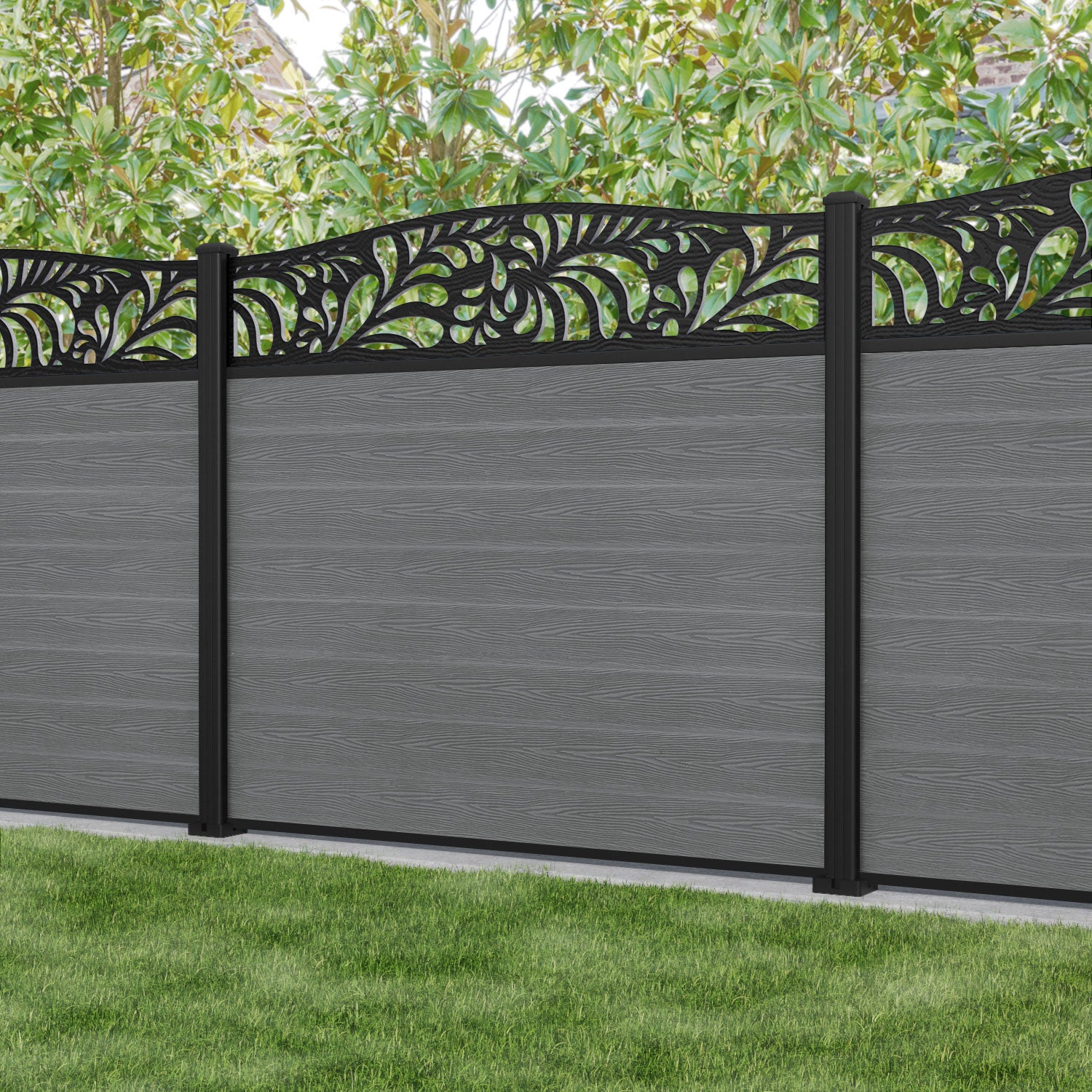 Classic Petal Curved Top Fence Panel - Mid Grey - with our aluminium posts