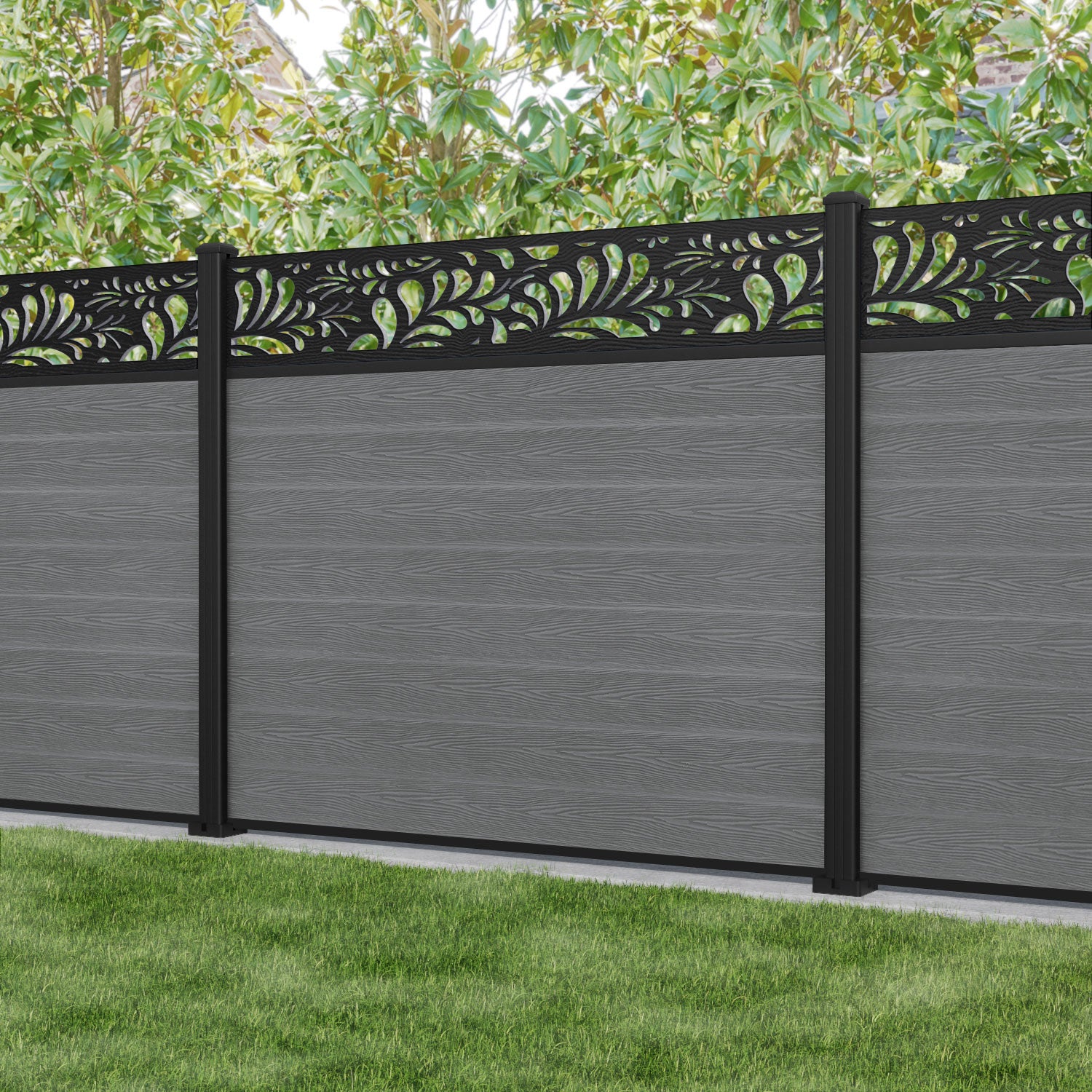 Classic Petal Fence Panel - Mid Grey - with our aluminium posts