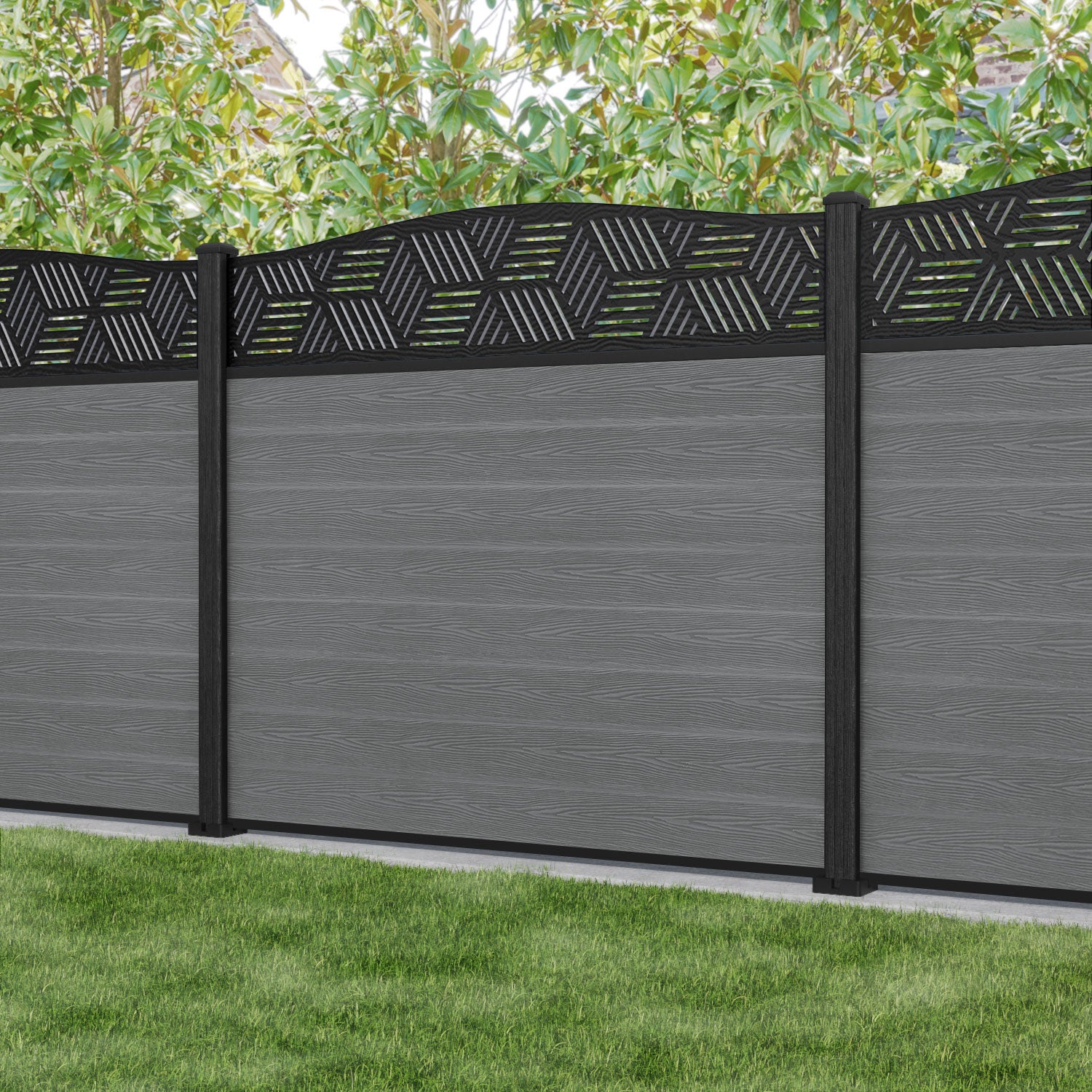 Classic Cubed Curved Top Fence Panel - Mid Grey - with our composite posts