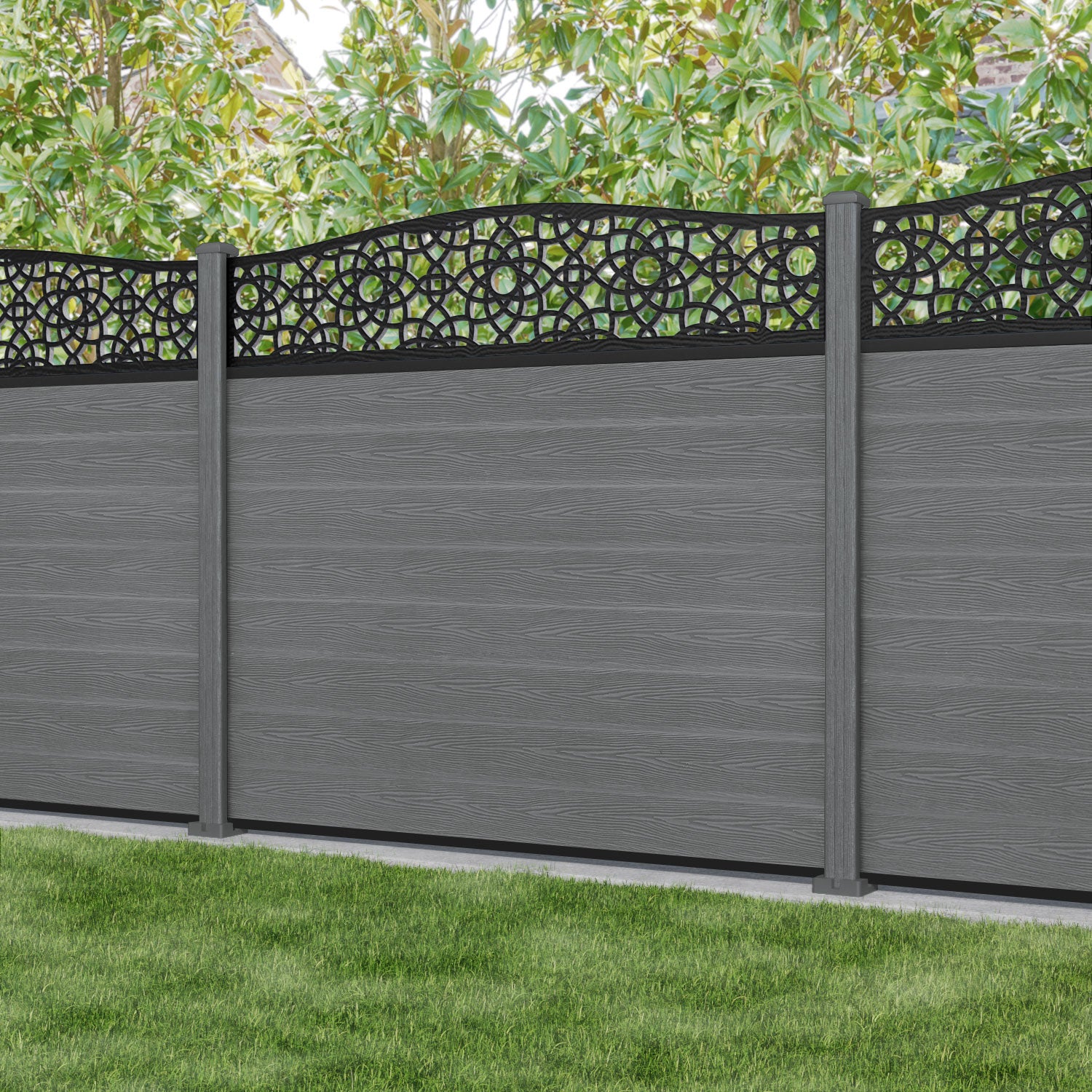 Classic Ambar Curved Top Fence Panel - Mid Grey - with our composite posts