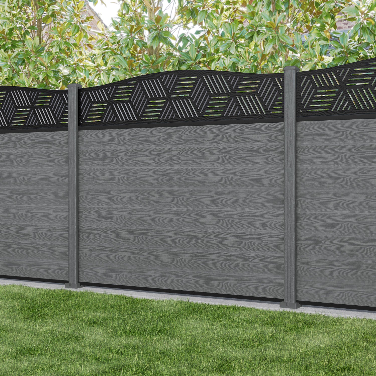 Classic Cubed Curved Top Fence Panel - Mid Grey - with our composite posts
