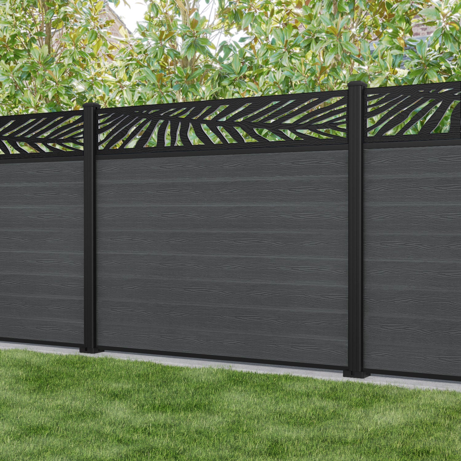 Classic Palm Fence Panel - Dark Grey - with our aluminium posts