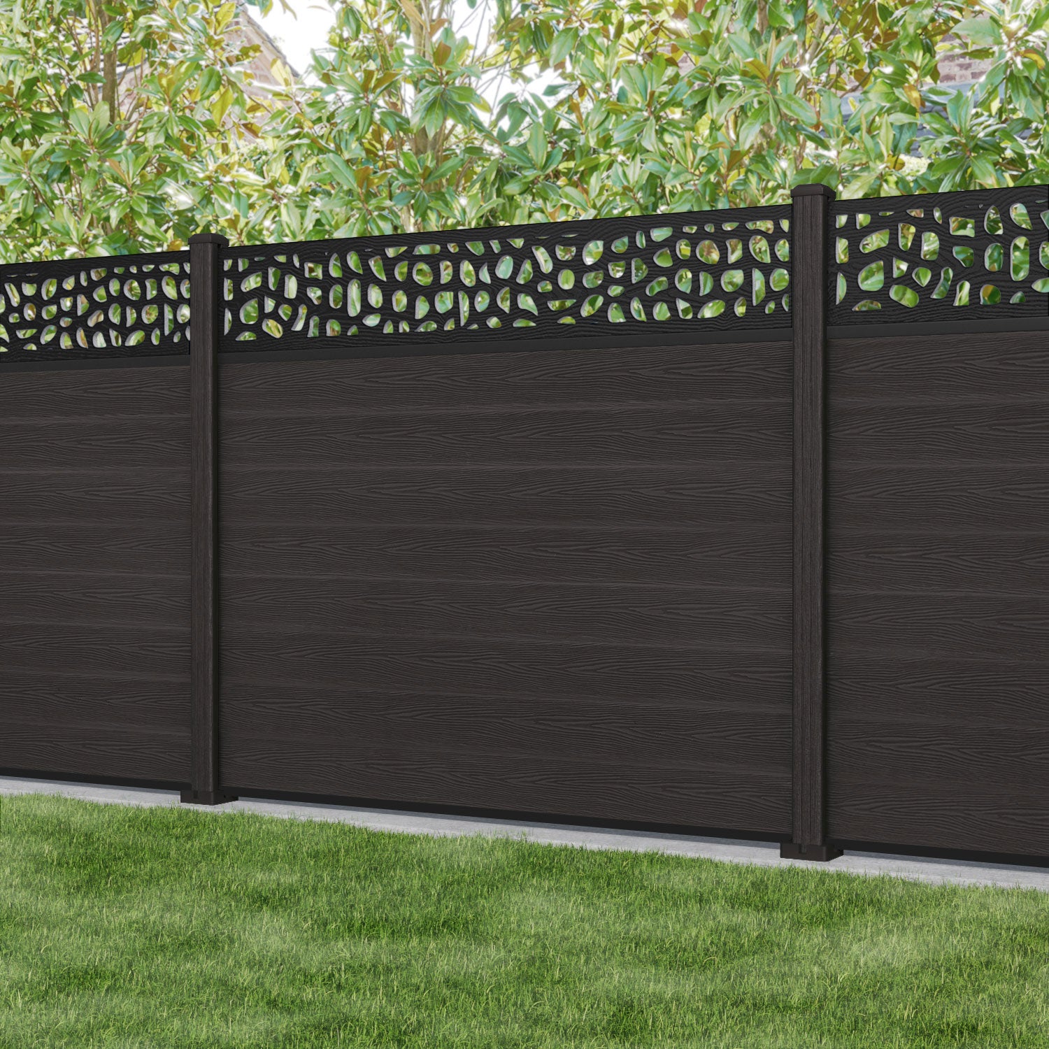 Classic Pebble Fence Panel - Dark Oak - with our composite posts