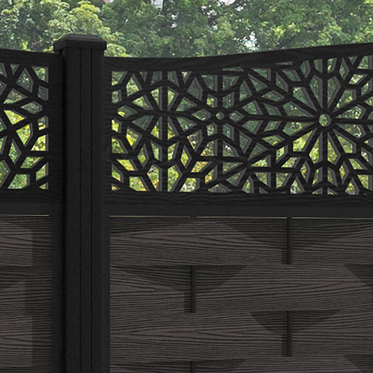 Ripple Alnara Curved Top Fence Panel - Dark Oak - with our aluminium posts