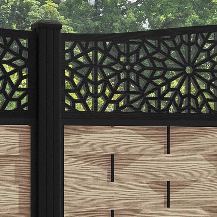 Ripple Alnara Curved Top Fence Panel - Light Oak - with our aluminium posts