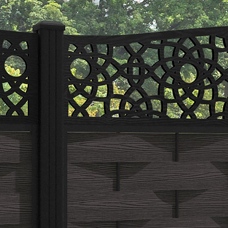 Ripple Ambar Curved Top Fence Panel - Dark Oak - with our aluminium posts