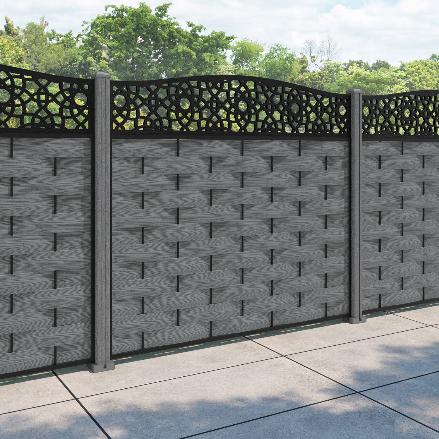 Ripple Ambar Curved Top Fence Panel - Mid Grey - with our composite posts